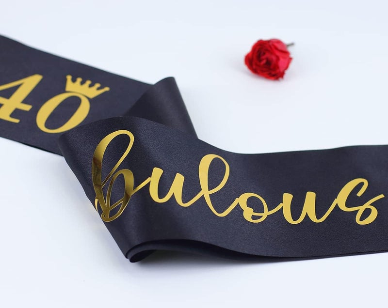 Docooniver 40th Birthday Sash for Women and Men 40&Fabulous Sash Black with Gold Foil Lettering - Image 3